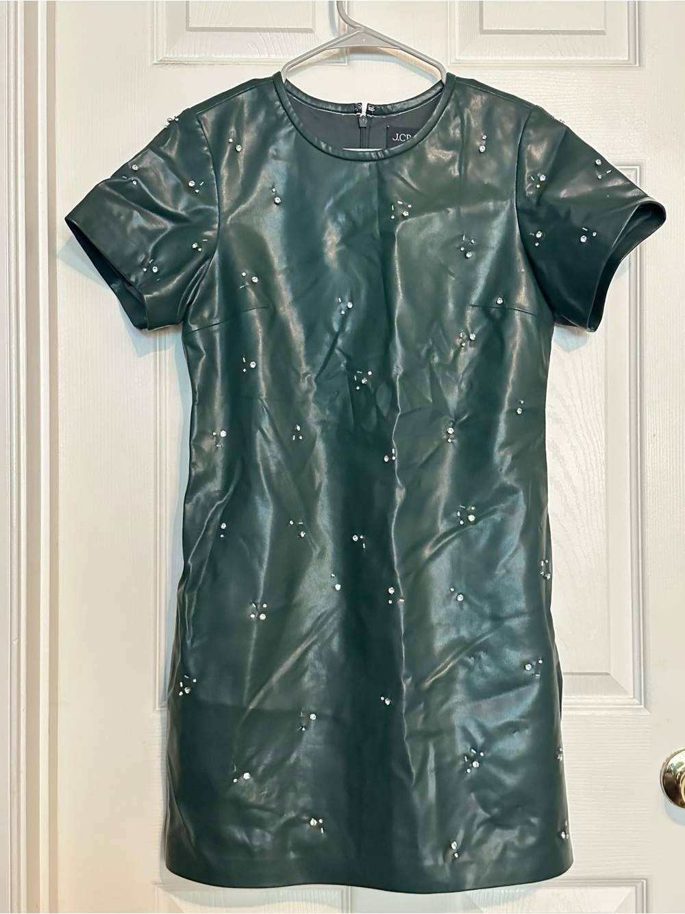 J. Crew Forest Green Faux Leather Midi Dress with Pearl Embellishments